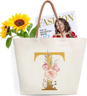 Initial Canvas Tote Bag-T, Bridal Shower Gifts for Bride, Birthday Gifts for Women Mom Sister, Personalized Multipurpose Shoulder Bag with Leather Handle, Durable Beach Bag Shopping Bags,T