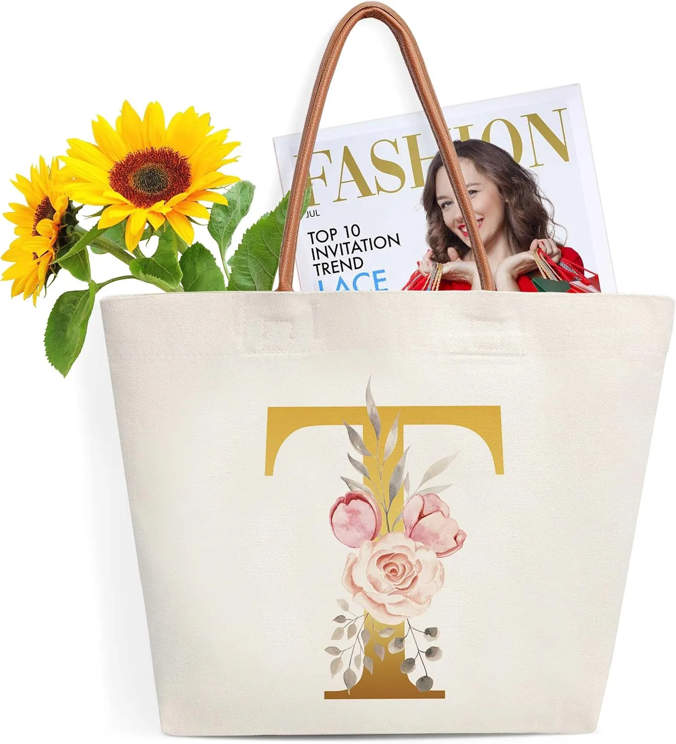 Initial Canvas Tote Bag-T, Bridal Shower Gifts for Bride, Birthday Gifts for Women Mom Sister, Personalized Multipurpose Shoulder Bag with Leather Handle, Durable Beach Bag Shopping Bags,T