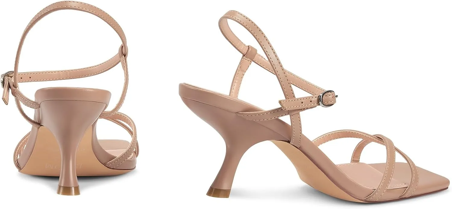 ISNOM Strappy Heels for Women Kitten Heel Sandals Square Open Toe Heeled Sandals with Adjustable Ankle Strap Comfortable Mid Heels for Prom, Party, Daily Wear