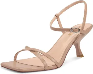 ISNOM Strappy Heels for Women Kitten Heel Sandals Square Open Toe Heeled Sandals with Adjustable Ankle Strap Comfortable Mid Heels for Prom, Party, Daily Wear