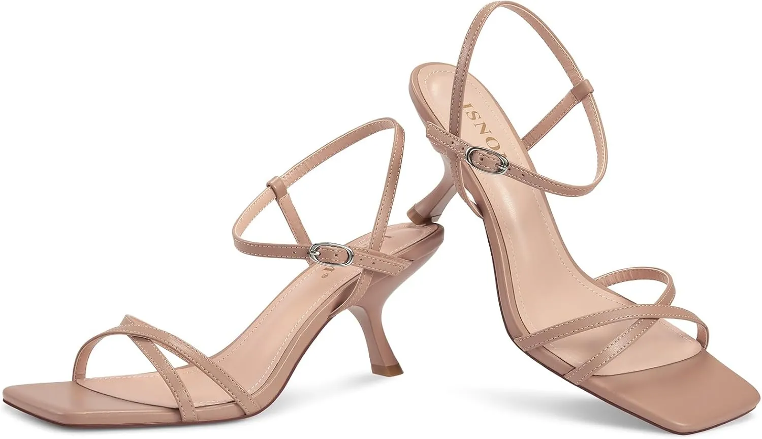 ISNOM Strappy Heels for Women Kitten Heel Sandals Square Open Toe Heeled Sandals with Adjustable Ankle Strap Comfortable Mid Heels for Prom, Party, Daily Wear
