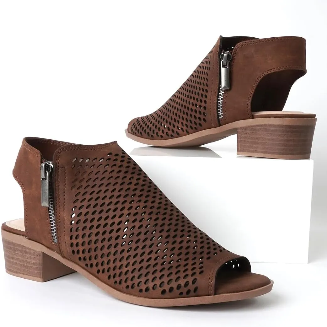 J. Adams Tracy Booties for Women - Peep Toe Low Block Heel Bootie
