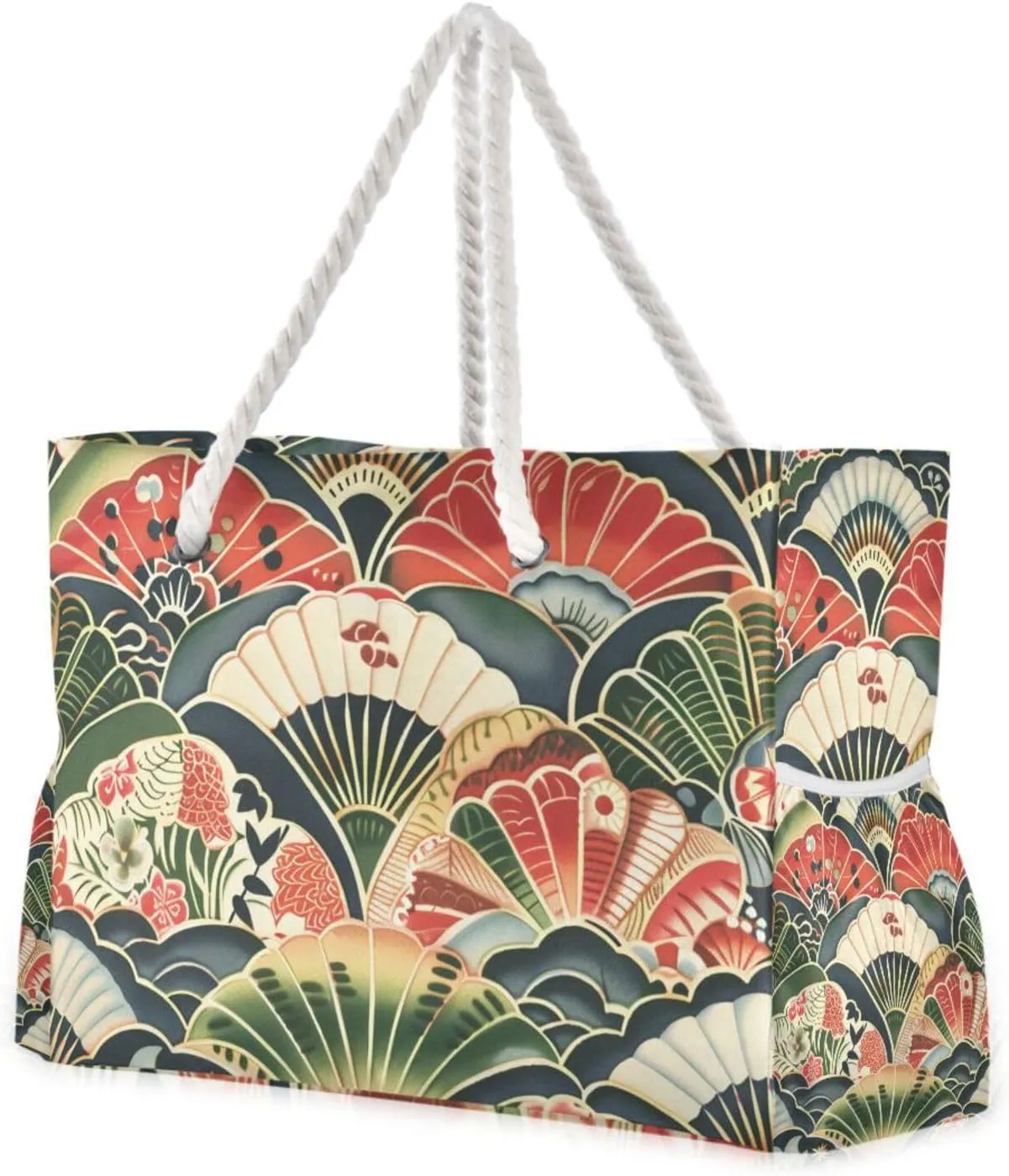 Japanese Style with Fan Pattern Travel Duffel Bag, Sports Waterproof Sandproof with side pockets Large Outdoor Tote Bag for work