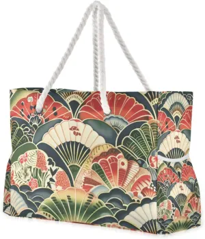 Japanese Style with Fan Pattern Travel Duffel Bag, Sports Waterproof Sandproof with side pockets Large Outdoor Tote Bag for work