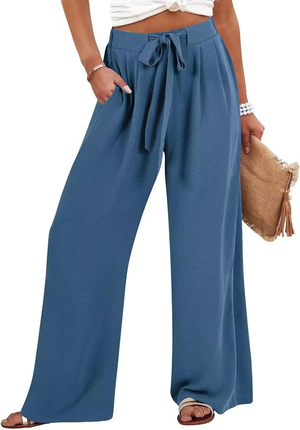 JOAU Women Wide Leg Palazzo Pants Summer High Waist Flowy Casual Trousers Dressy Loose Lounge Beach Vacation Belted Pants