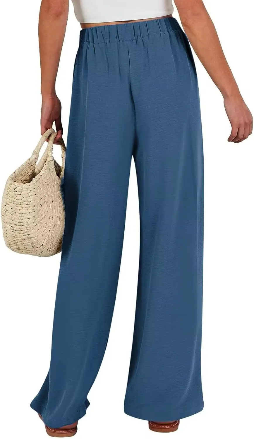 JOAU Women Wide Leg Palazzo Pants Summer High Waist Flowy Casual Trousers Dressy Loose Lounge Beach Vacation Belted Pants