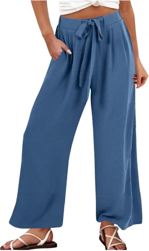 JOAU Women Wide Leg Palazzo Pants Summer High Waist Flowy Casual Trousers Dressy Loose Lounge Beach Vacation Belted Pants