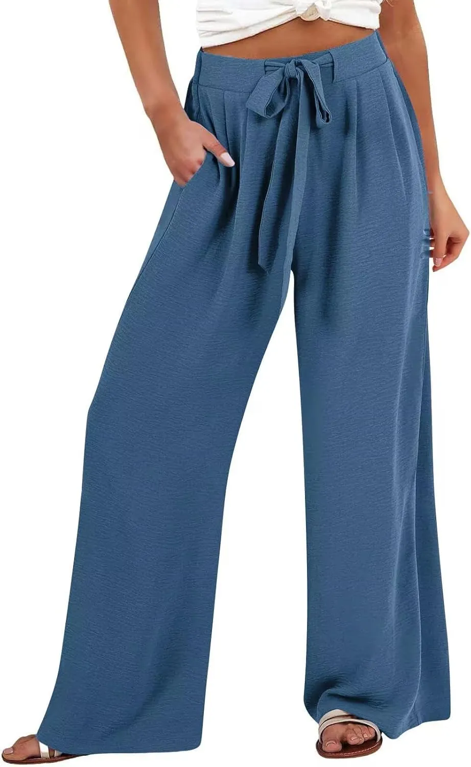 JOAU Women Wide Leg Palazzo Pants Summer High Waist Flowy Casual Trousers Dressy Loose Lounge Beach Vacation Belted Pants