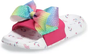 JoJo Siwa Girls Studded Open Toe Slide Sandals with Signature Bow (Little Kid/Big Kid) (Pink/White Unicorn, us_footwear_size_system, adult, women, numeric_range, medium, numeric_4, numeric_5)