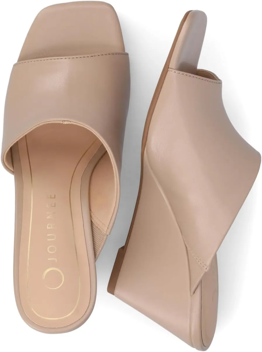 Journee Womens cushioned footbeds Clementine wedge heel sandal D'orsay open toe slip-on faux leather
