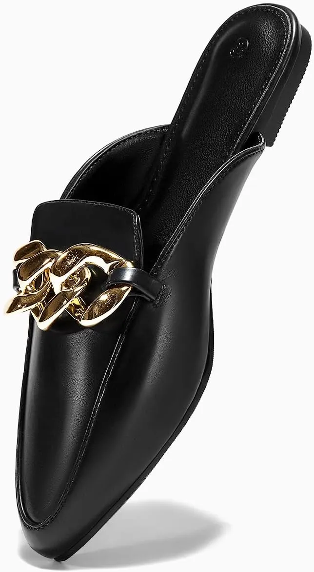 Juliet Holy Womens Mules Flats Pointed Toe Backless Loafers Slip on Metal Chain Slides