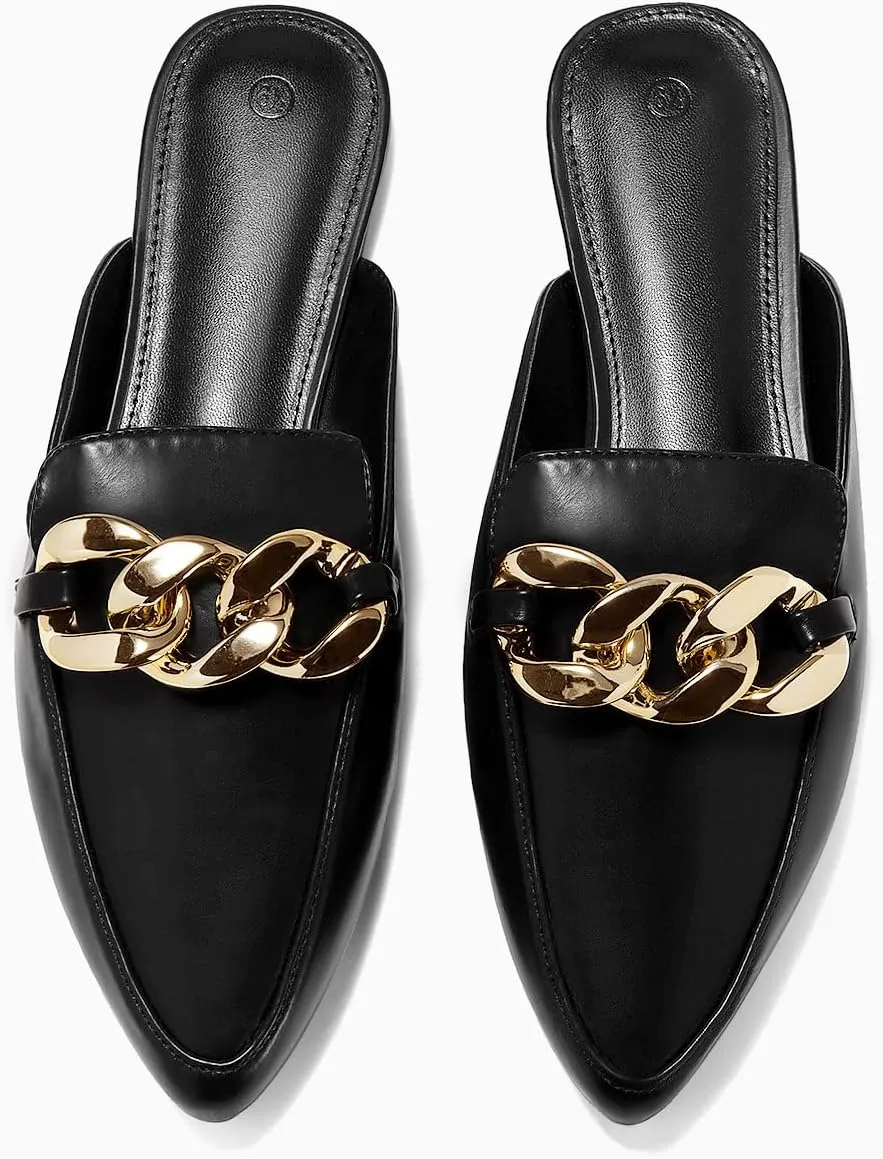 Juliet Holy Womens Mules Flats Pointed Toe Backless Loafers Slip on Metal Chain Slides