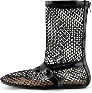 KaroNairy Mesh Flats for Women Mesh Sandals Hollow Metal Buckle Mesh Ballet Flats Rounde Toe Mary Jane Flats Black