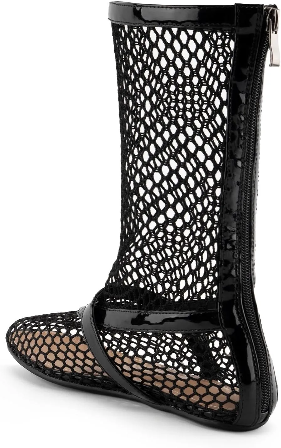 KaroNairy Mesh Flats for Women Mesh Sandals Hollow Metal Buckle Mesh Ballet Flats Rounde Toe Mary Jane Flats Black