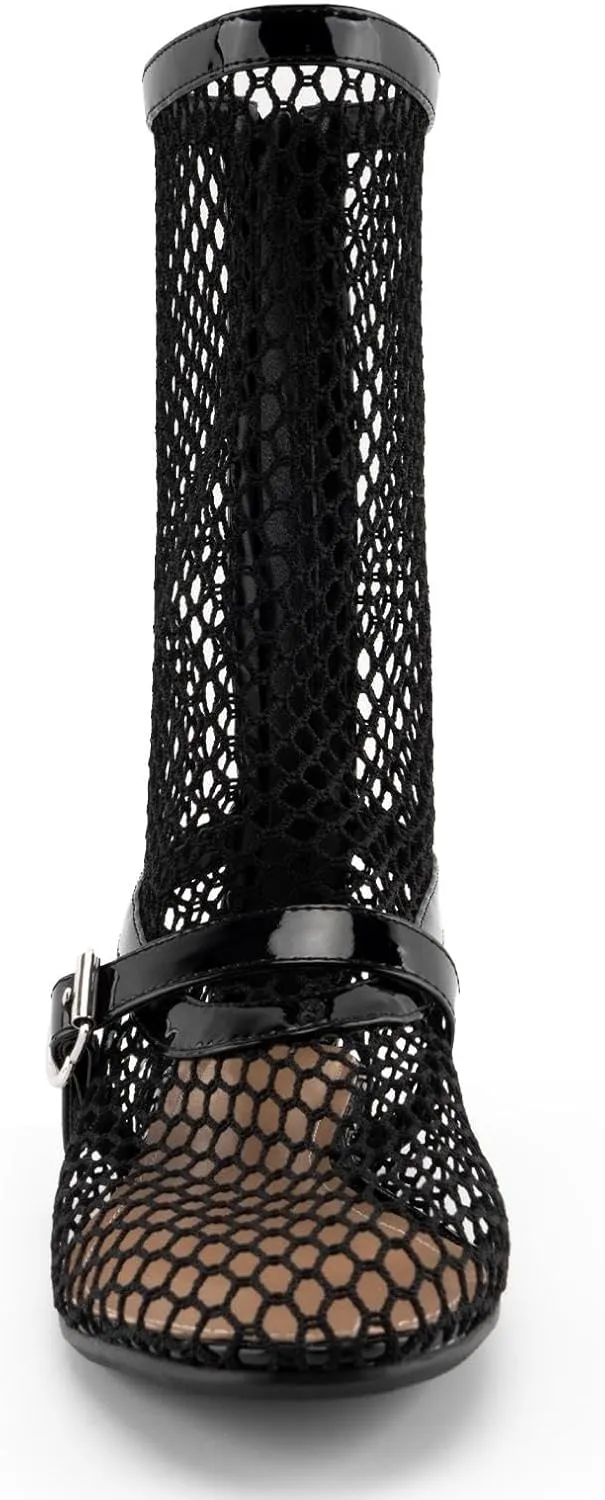 KaroNairy Mesh Flats for Women Mesh Sandals Hollow Metal Buckle Mesh Ballet Flats Rounde Toe Mary Jane Flats Black