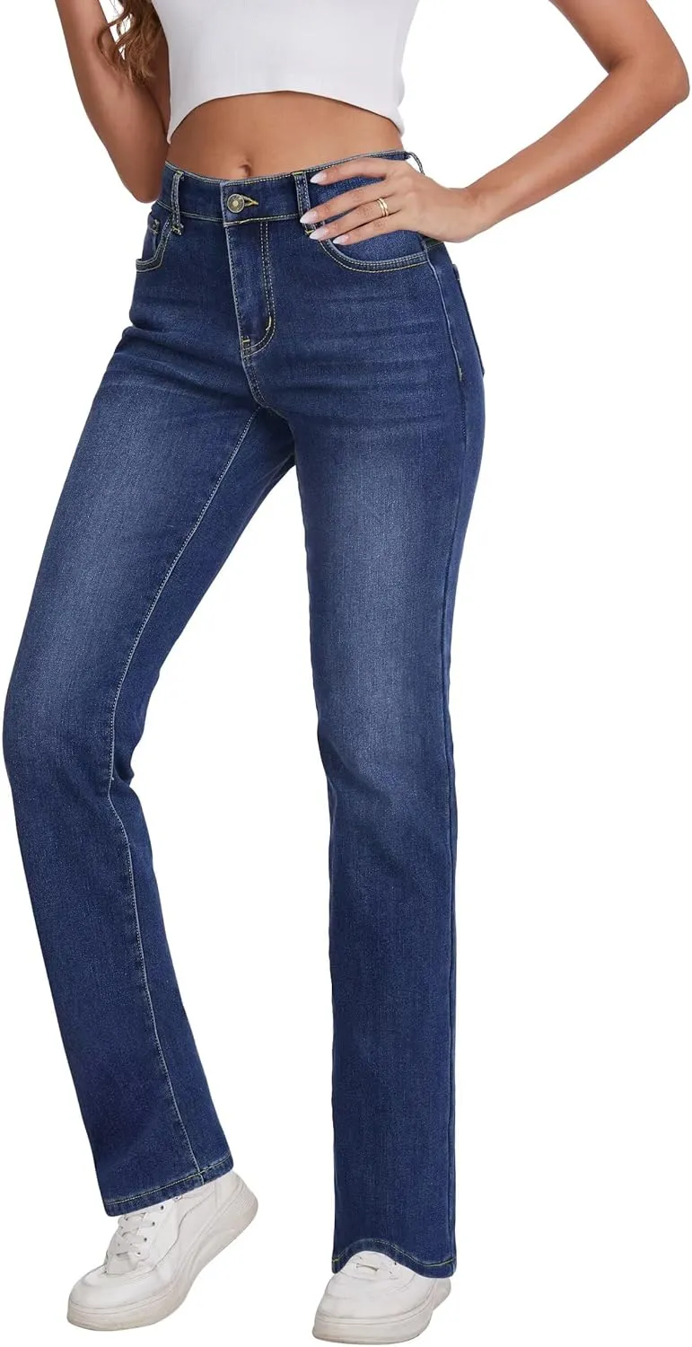 KDF Women's Fleece Lined Jeans Women High Waisted Straight Leg Jeans Winter Fleece Lined Jean Pants
