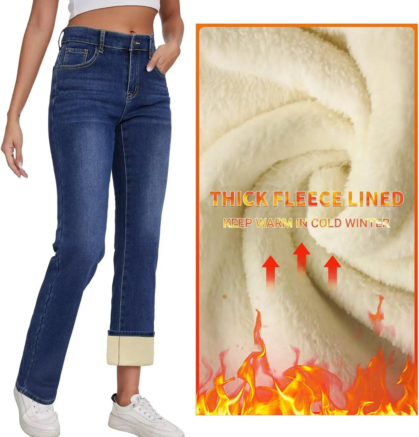 KDF Women's Fleece Lined Jeans Women High Waisted Straight Leg Jeans Winter Fleece Lined Jean Pants