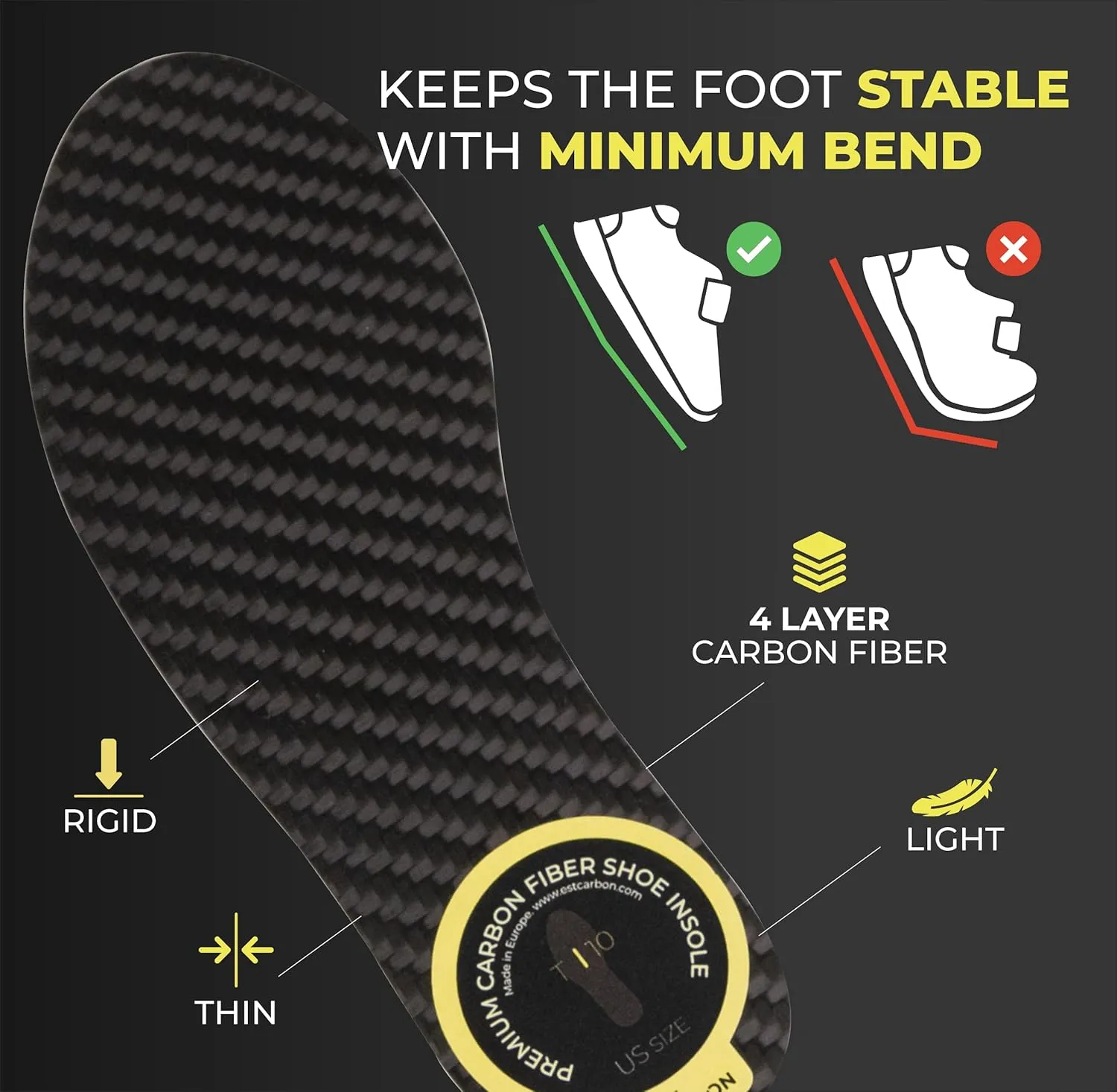 Kids Carbon Fiber Insoles - Toddler Size 6, 2 Pieces - Orthotic Shoe Inserts - Tip Toe Walking Correction - Sports Footplate for Soccer Cleats, Sneakers, Shoes - FSA HSA Eligible - by EstCarbon