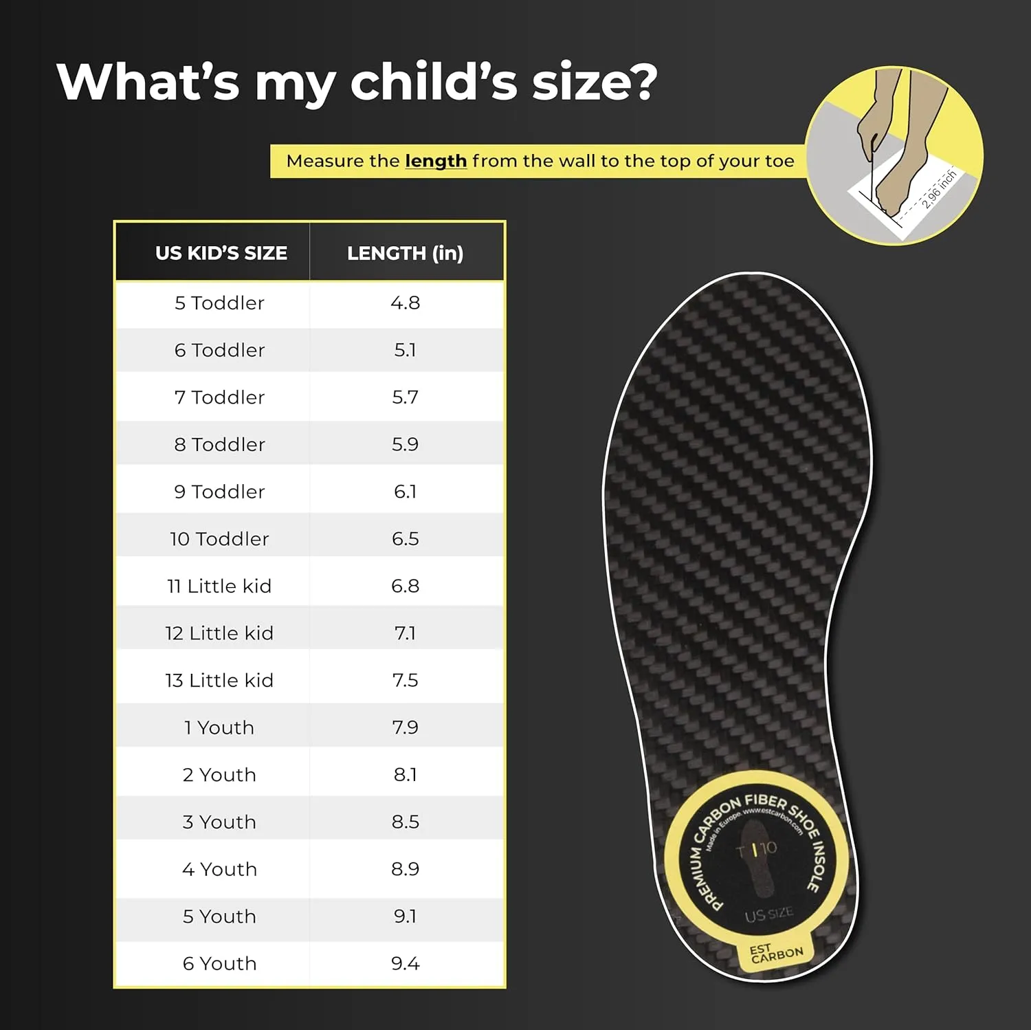 Kids Carbon Fiber Insoles - Toddler Size 6, 2 Pieces - Orthotic Shoe Inserts - Tip Toe Walking Correction - Sports Footplate for Soccer Cleats, Sneakers, Shoes - FSA HSA Eligible - by EstCarbon