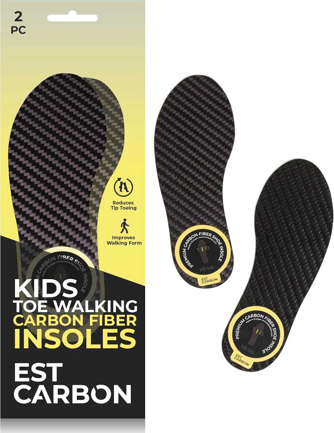Kids Carbon Fiber Insoles - Toddler Size 6, 2 Pieces - Orthotic Shoe Inserts - Tip Toe Walking Correction - Sports Footplate for Soccer Cleats, Sneakers, Shoes - FSA HSA Eligible - by EstCarbon