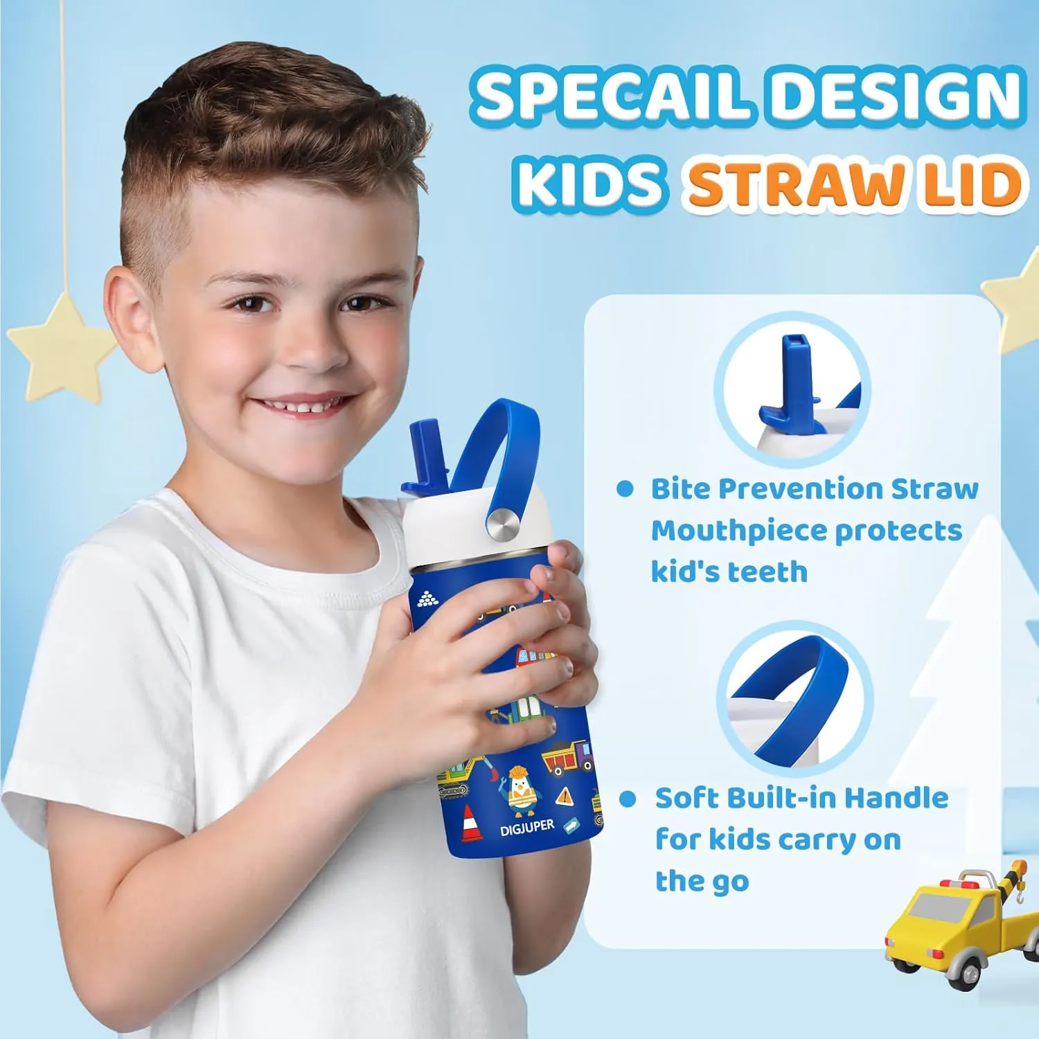 Kids Insulated Water bottle for School - 12 oz Toddler Water Bottles with Straw, Leak-proof Stainless Steel Thermo Flask, Boys & Girls Tumbler Travel Mug w/Protective Cup Mat, Blue Construction Car