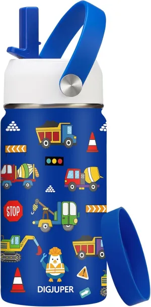 Kids Insulated Water bottle for School - 12 oz Toddler Water Bottles with Straw, Leak-proof Stainless Steel Thermo Flask, Boys & Girls Tumbler Travel Mug w/Protective Cup Mat, Blue Construction Car