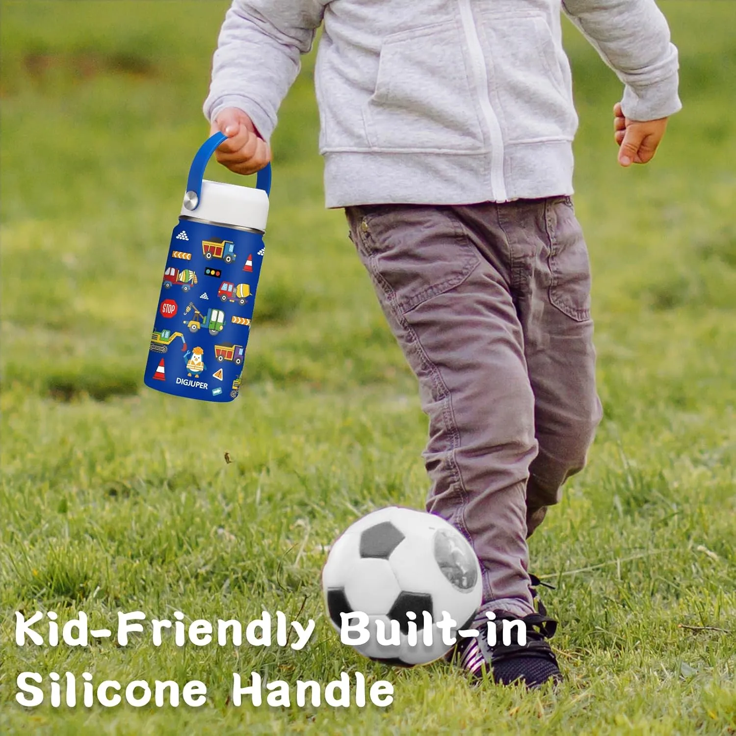 Kids Insulated Water bottle for School - 12 oz Toddler Water Bottles with Straw, Leak-proof Stainless Steel Thermo Flask, Boys & Girls Tumbler Travel Mug w/Protective Cup Mat, Blue Construction Car