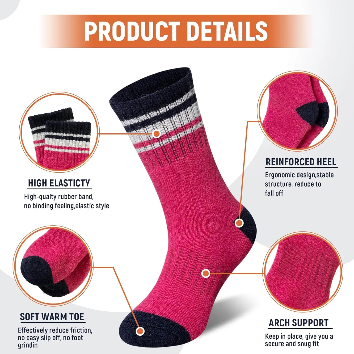 Kids Merino Wool Hiking Socks Boy Girls Winter Thick Boot Cushion Warm Thermal Crew Socks 6 Pairs