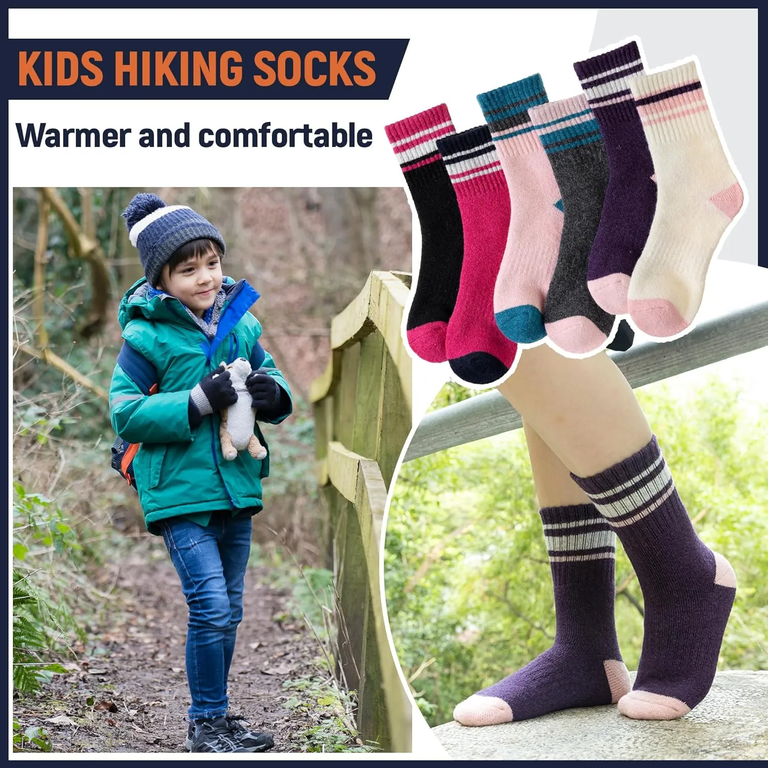 Kids Merino Wool Hiking Socks Boy Girls Winter Thick Boot Cushion Warm Thermal Crew Socks 6 Pairs