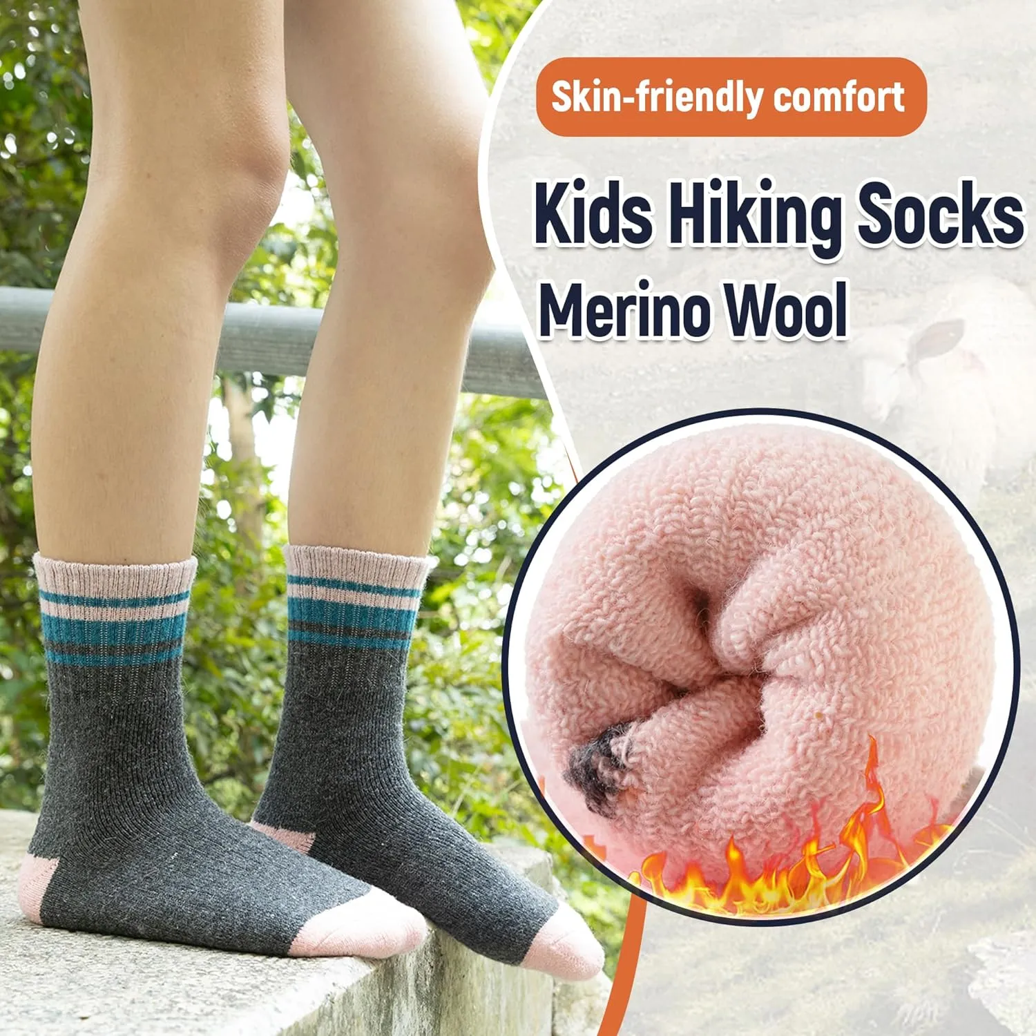 Kids Merino Wool Hiking Socks Boy Girls Winter Thick Boot Cushion Warm Thermal Crew Socks 6 Pairs