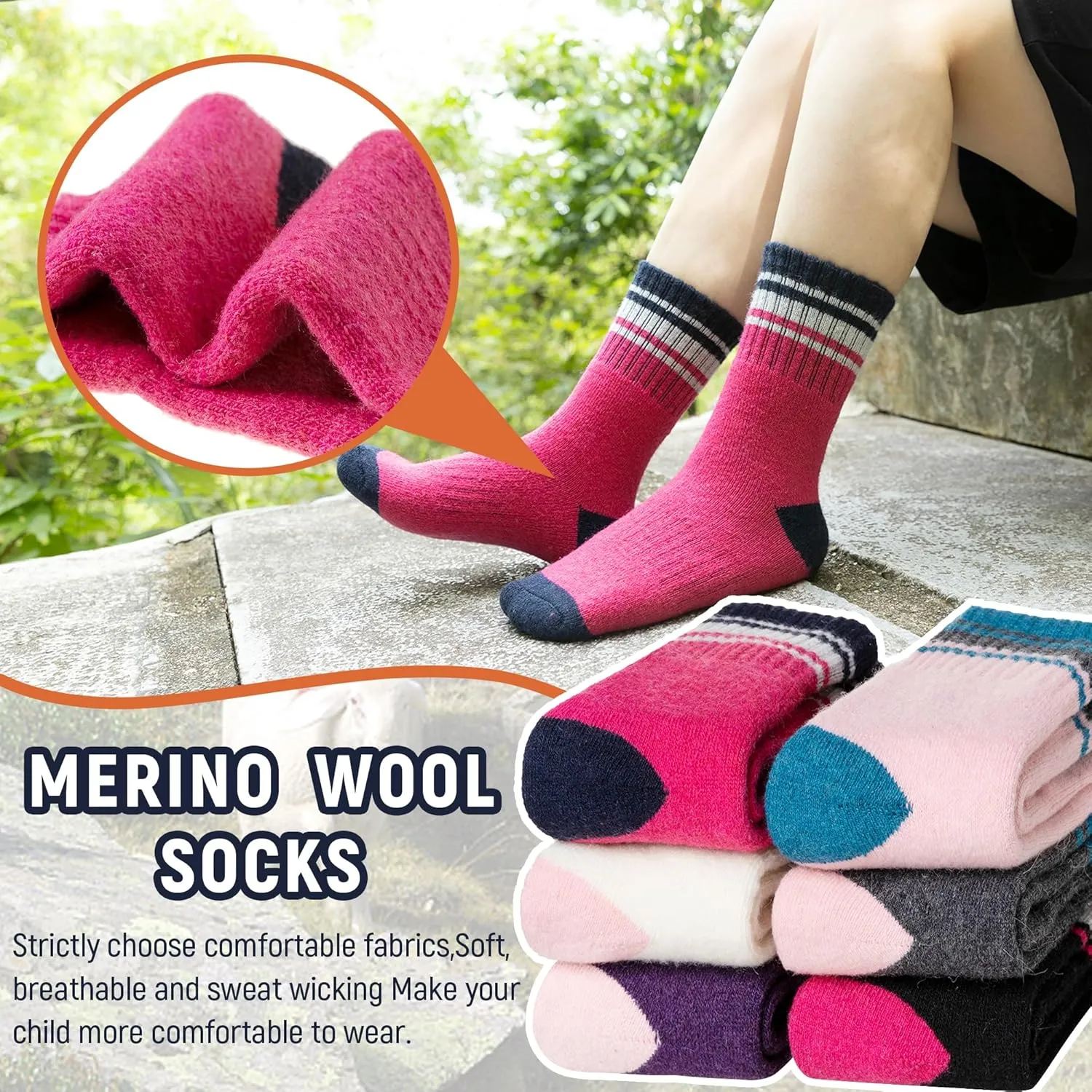 Kids Merino Wool Hiking Socks Boy Girls Winter Thick Boot Cushion Warm Thermal Crew Socks 6 Pairs