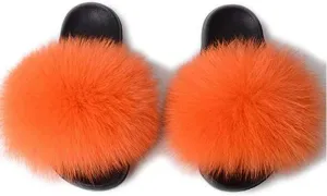 Kids Real Fox Fur Slippers Summer Feather Open Toe Single Strap Slip On Sandals
