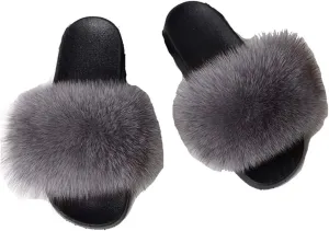 Kids Real Fox Fur Slippers Summer Feather Open Toe Single Strap Slip On Sandals