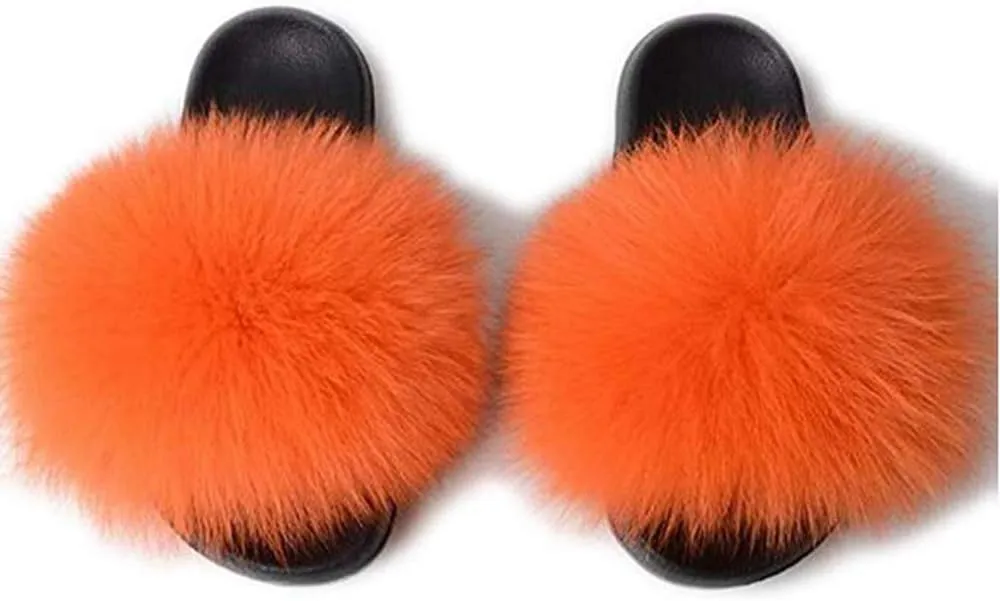 Kids Real Fox Fur Slippers Summer Feather Open Toe Single Strap Slip On Sandals
