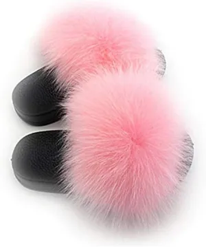 Kids Real Fox Fur Slippers Summer Feather Open Toe Single Strap Slip On Sandals