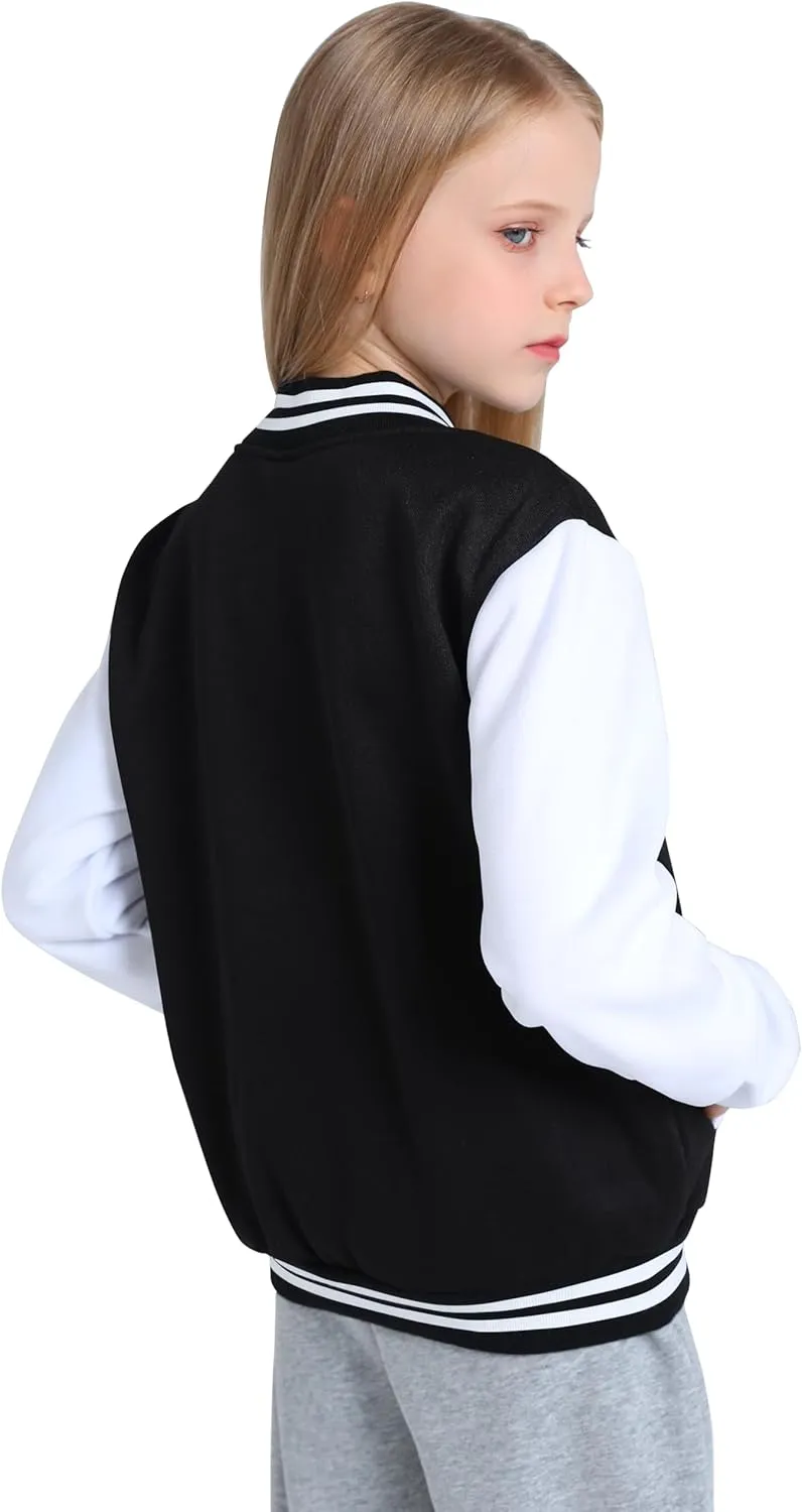 Kids Varsity Jacket Girls Boys Baseball Jacket Bomber Coat School Uniform with Pocket