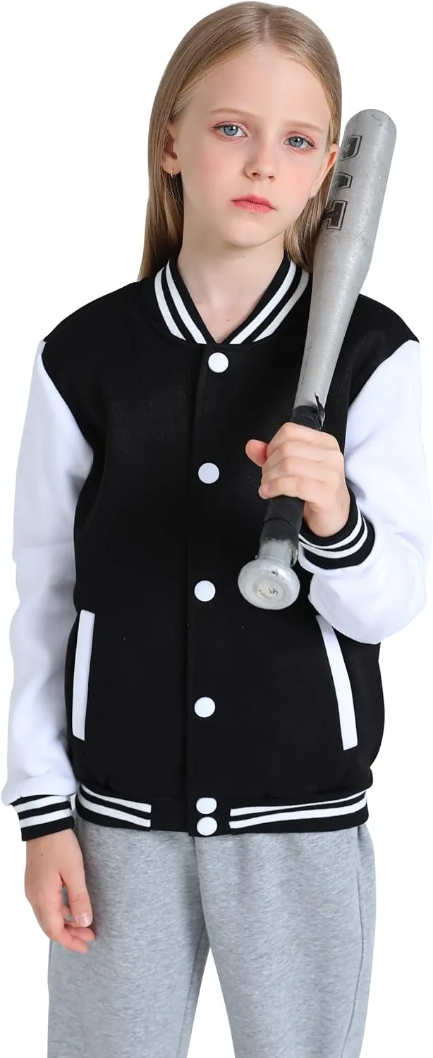 Kids Varsity Jacket Girls Boys Baseball Jacket Bomber Coat School Uniform with Pocket