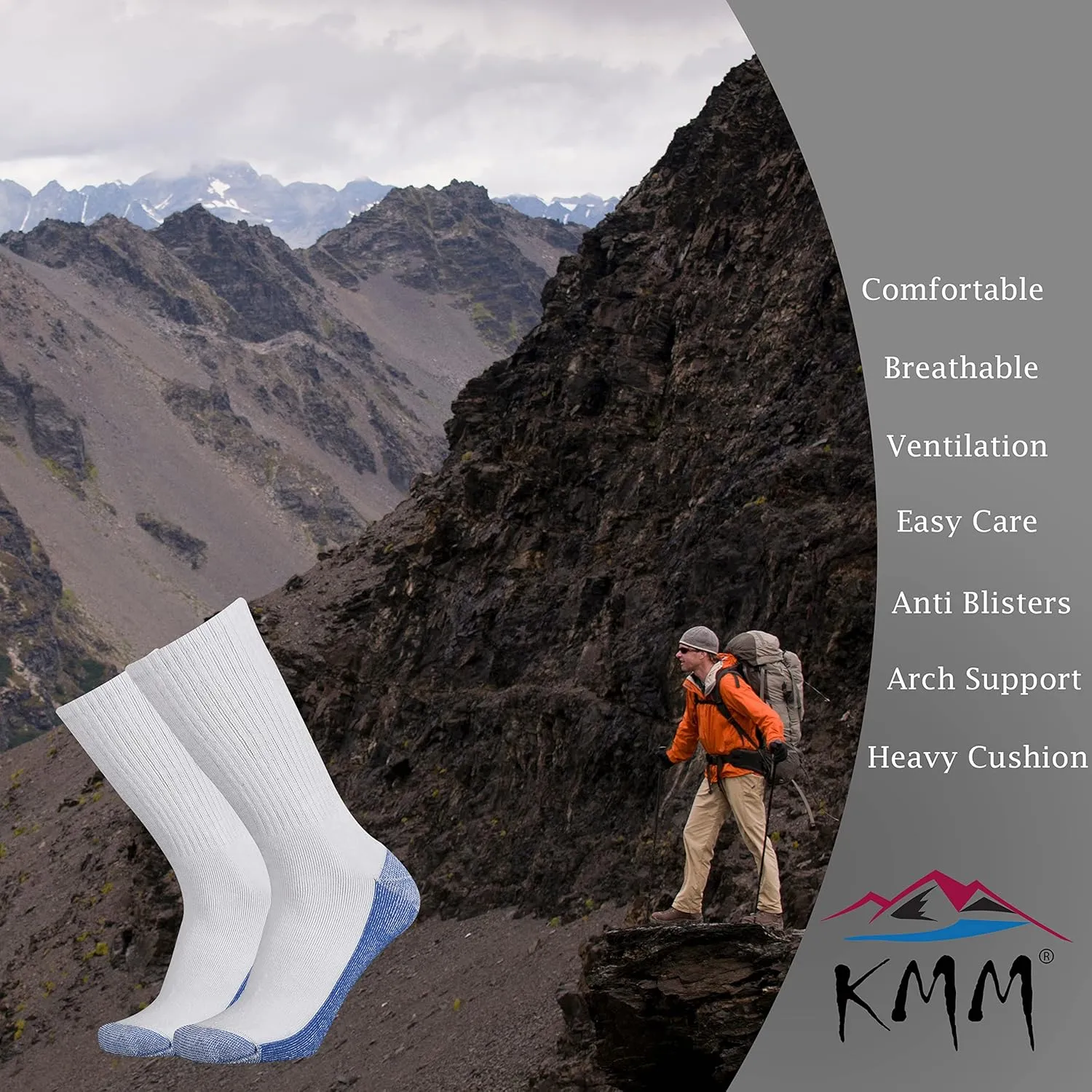 KMM Men's Cotton Full Thick Cushion Crew Socks Moisture Control Heavy Duty Work Boot Warm Thermal Anti Wicking Sweat Blisters