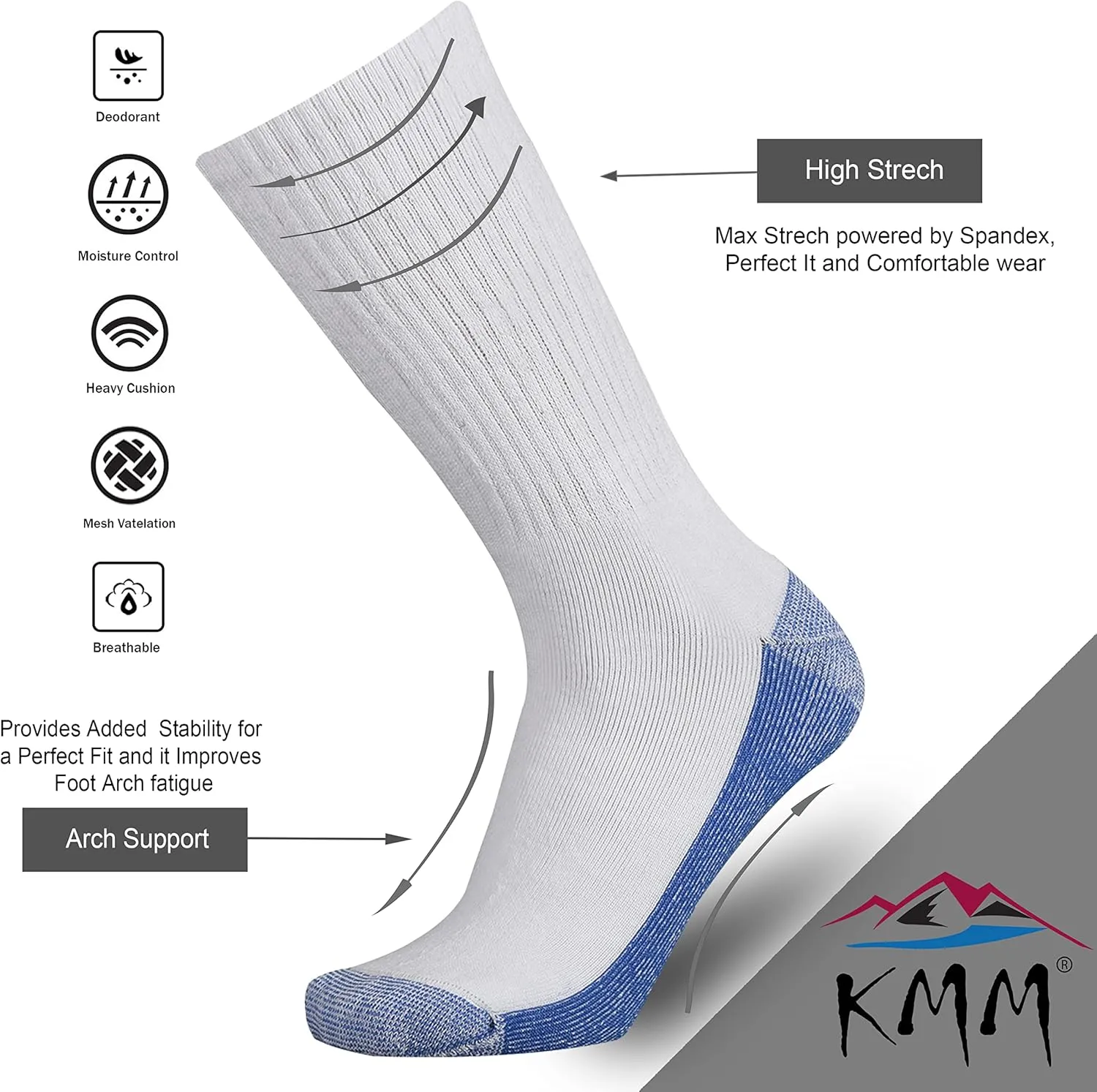 KMM Men's Cotton Full Thick Cushion Crew Socks Moisture Control Heavy Duty Work Boot Warm Thermal Anti Wicking Sweat Blisters
