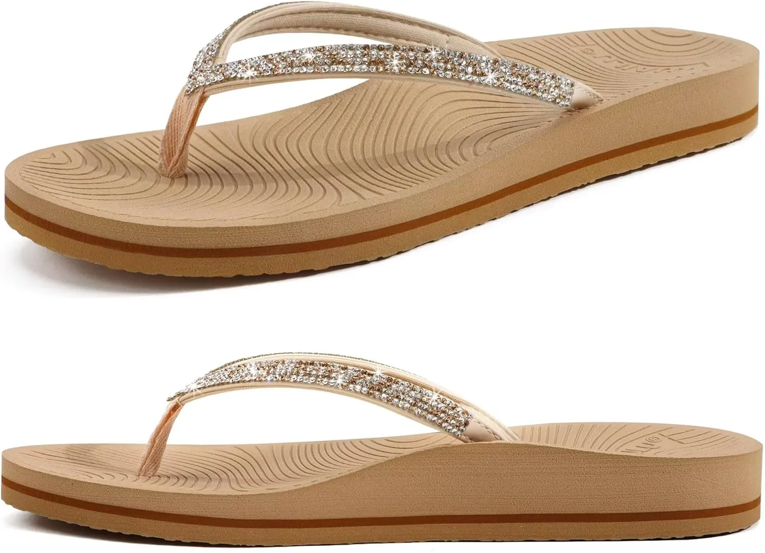KuaiLu Women's Rhinestone Flip Flops with Comfort Arch Support Yoga Mat Cushion Sandals Fashion Summer Beach Travel Orthotic Walking Thong Sandles Slip on Plantar Fasciitis Indoor Outdoor Shoes