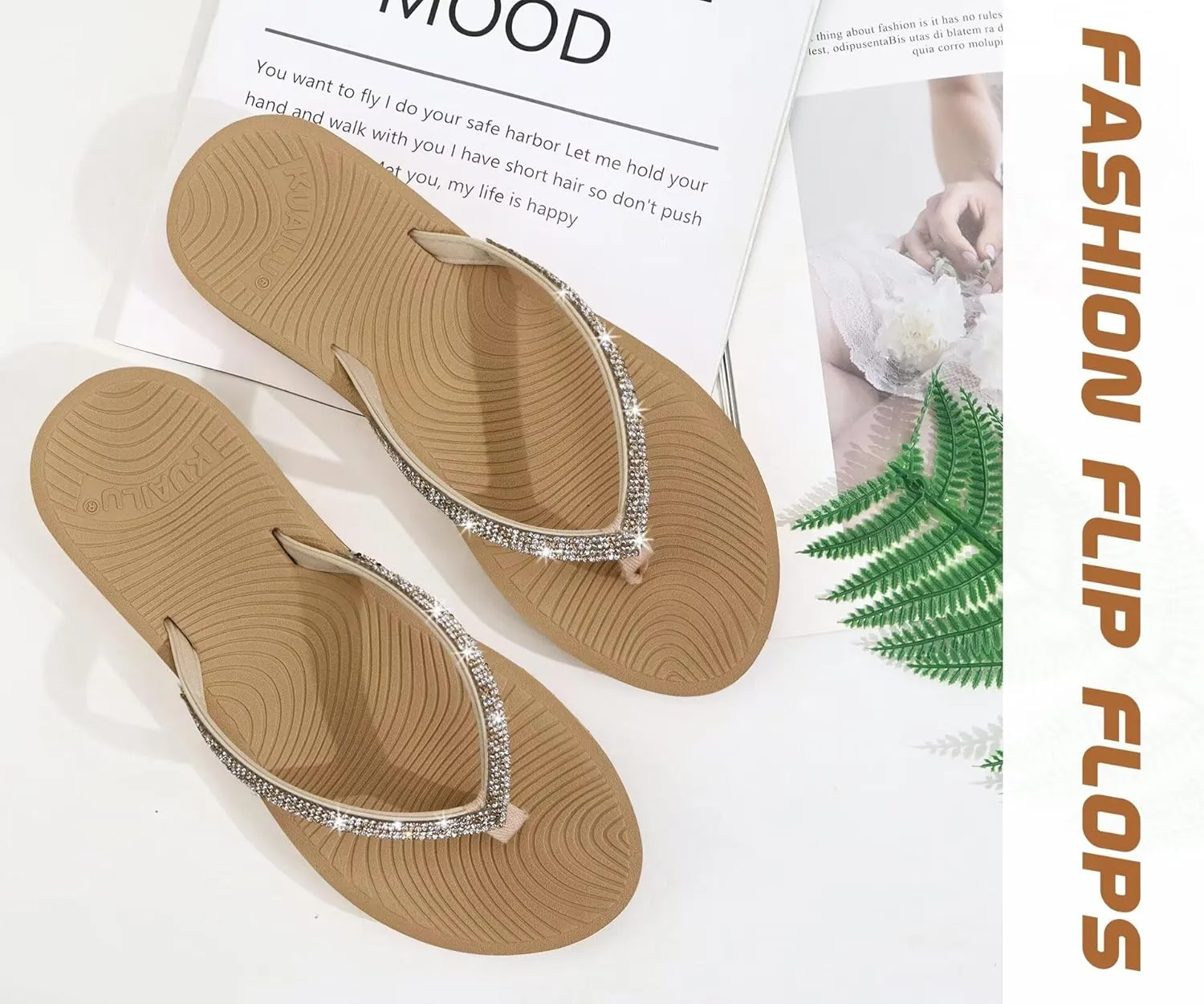 KuaiLu Women's Rhinestone Flip Flops with Comfort Arch Support Yoga Mat Cushion Sandals Fashion Summer Beach Travel Orthotic Walking Thong Sandles Slip on Plantar Fasciitis Indoor Outdoor Shoes