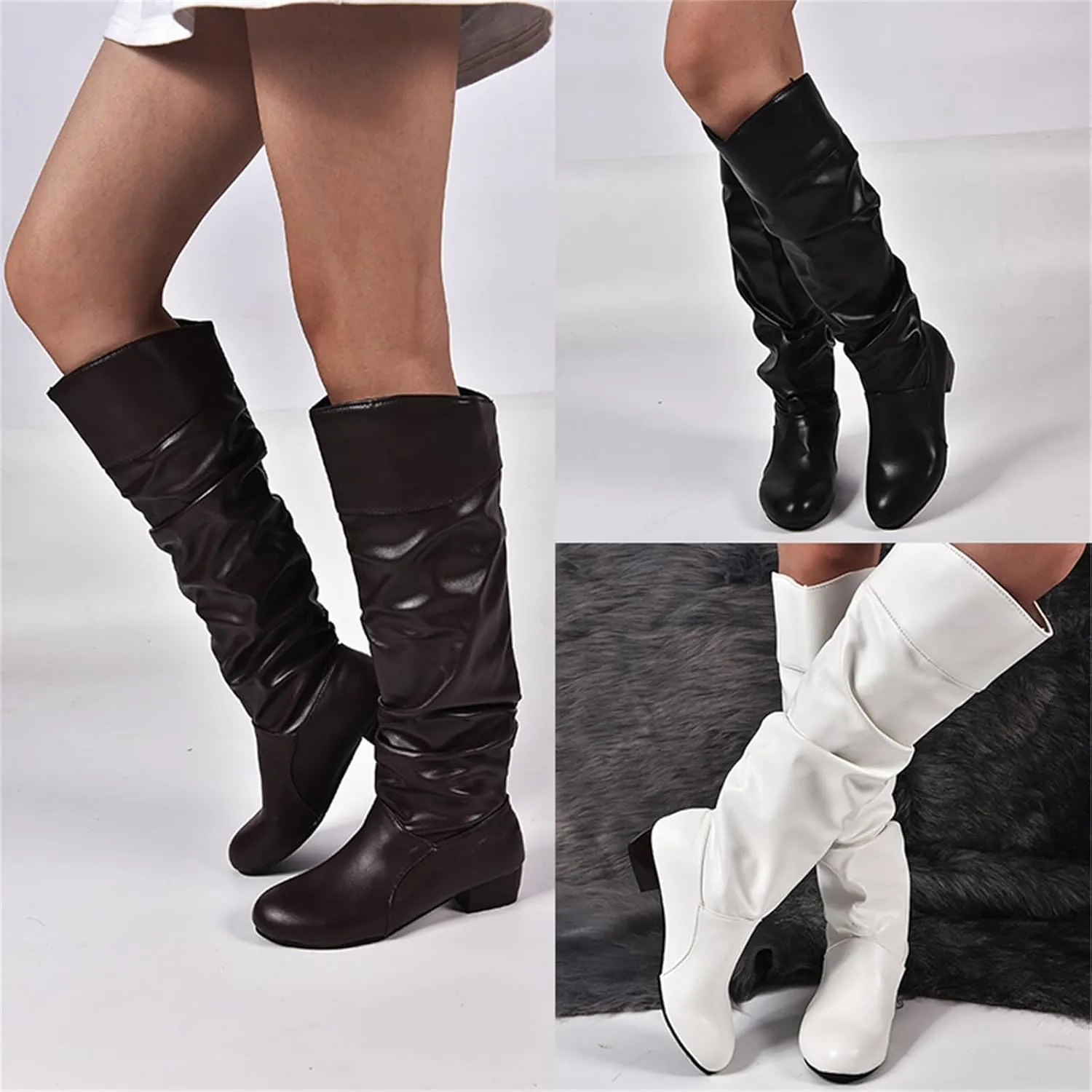 Ladmiple Fall Boots Women Wide Calf Knee High Boots Sexy Cone Heel Zipper Fashion Elegant Slouchy Cowboy Cowgirl Boots