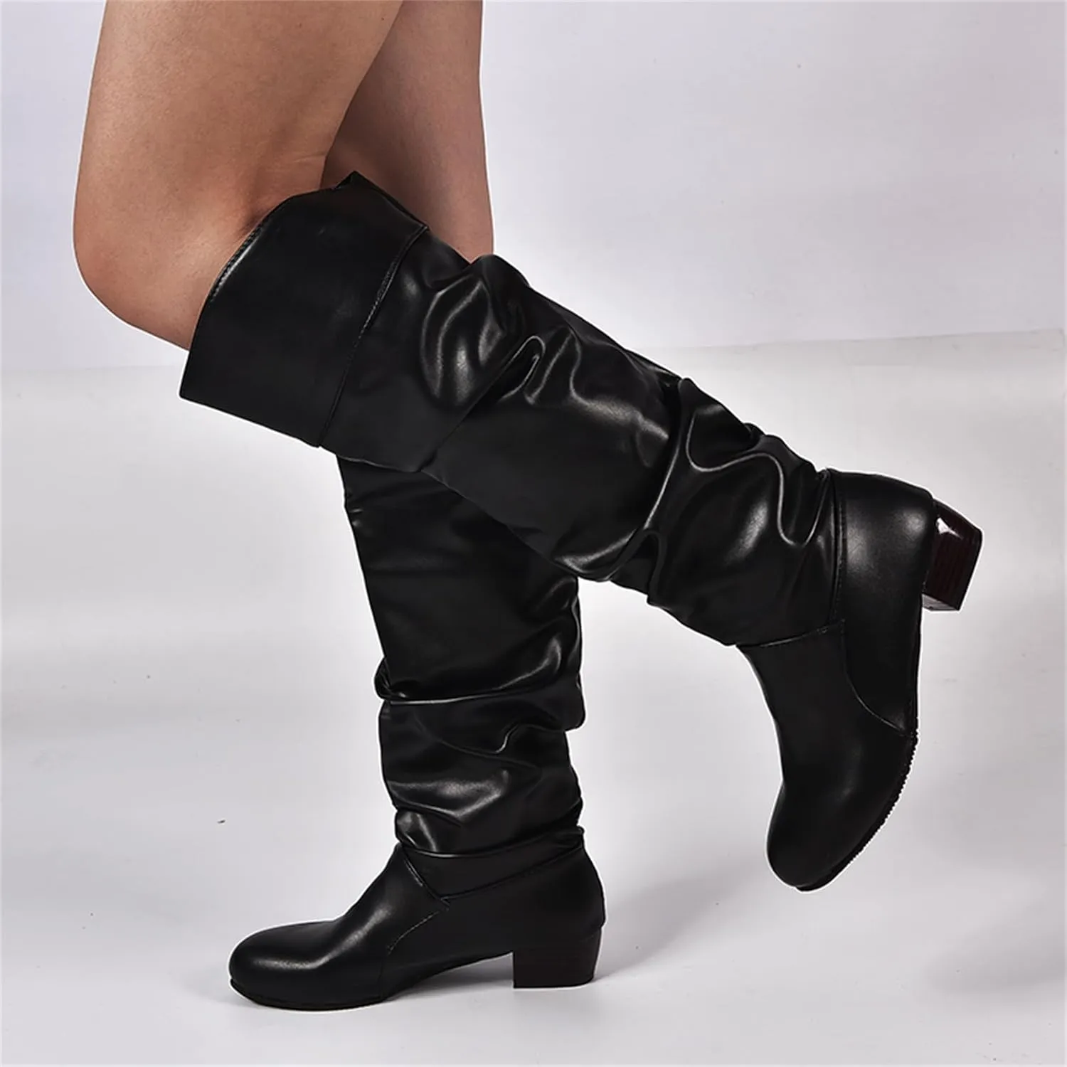 Ladmiple Fall Boots Women Wide Calf Knee High Boots Sexy Cone Heel Zipper Fashion Elegant Slouchy Cowboy Cowgirl Boots