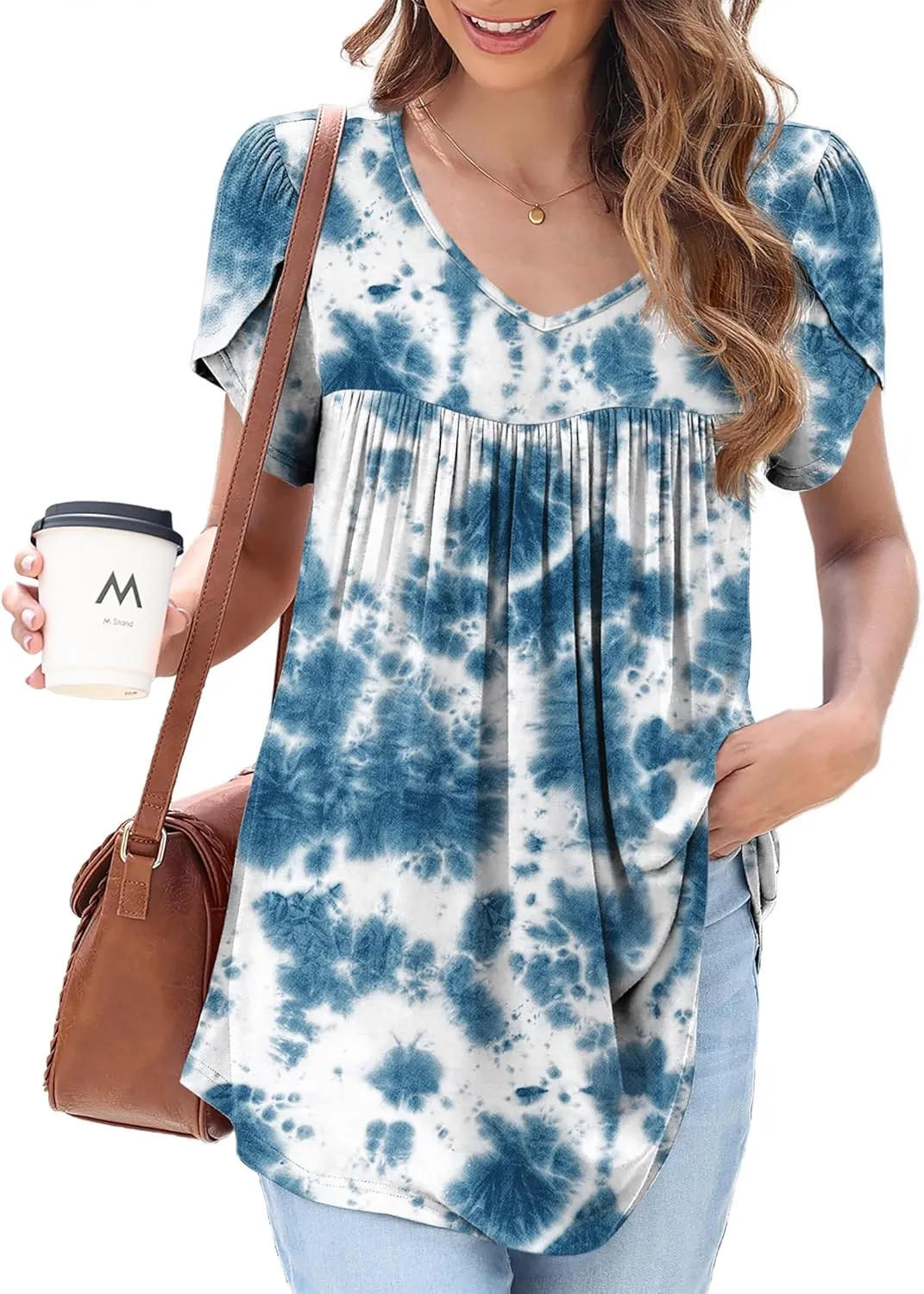 LAOLASI Womens Summer Tunic Tops 2025 V Neck Short Sleeve Shirt Casual Tee Flowy Blouse S-3XL