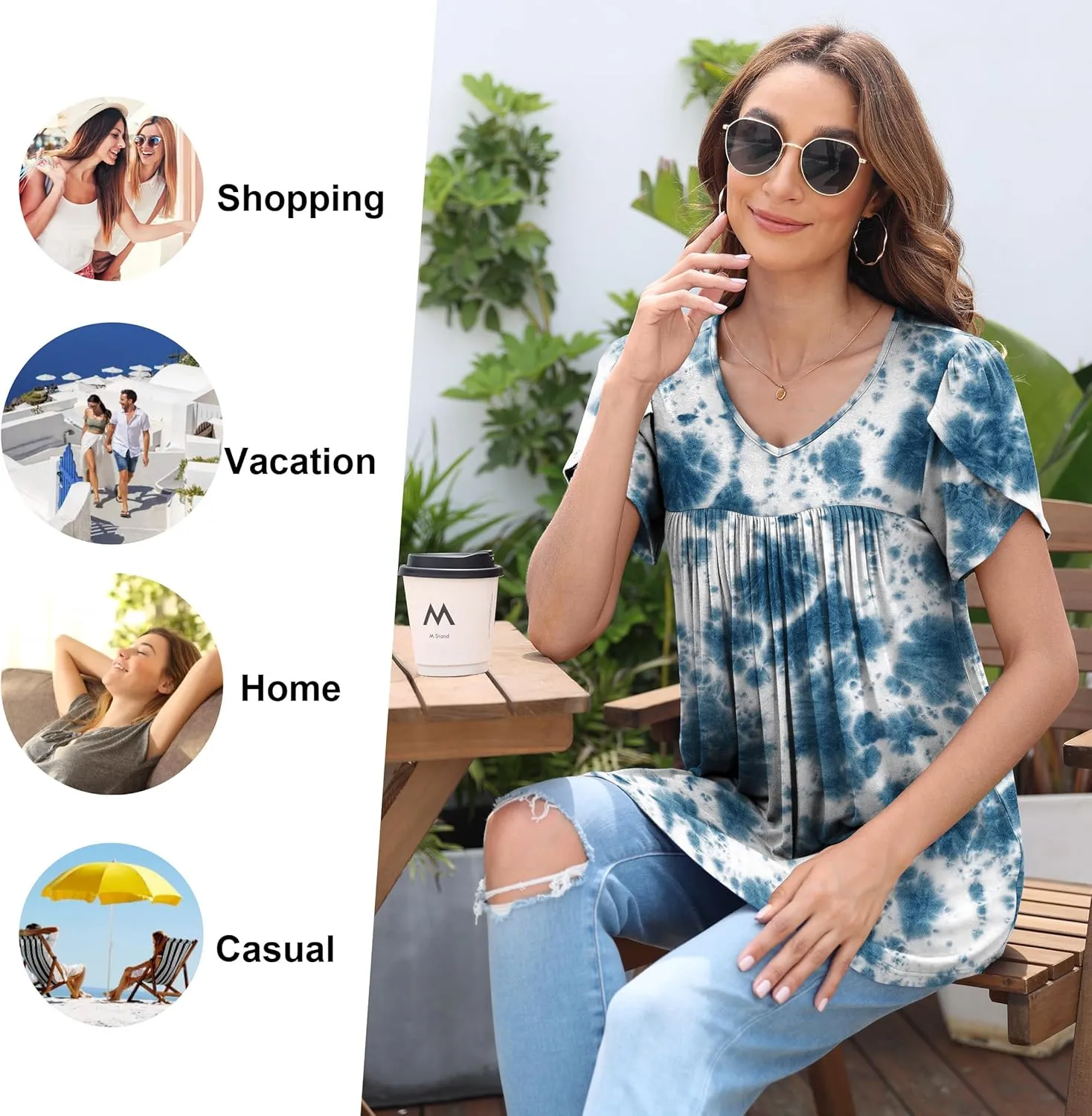 LAOLASI Womens Summer Tunic Tops 2025 V Neck Short Sleeve Shirt Casual Tee Flowy Blouse S-3XL