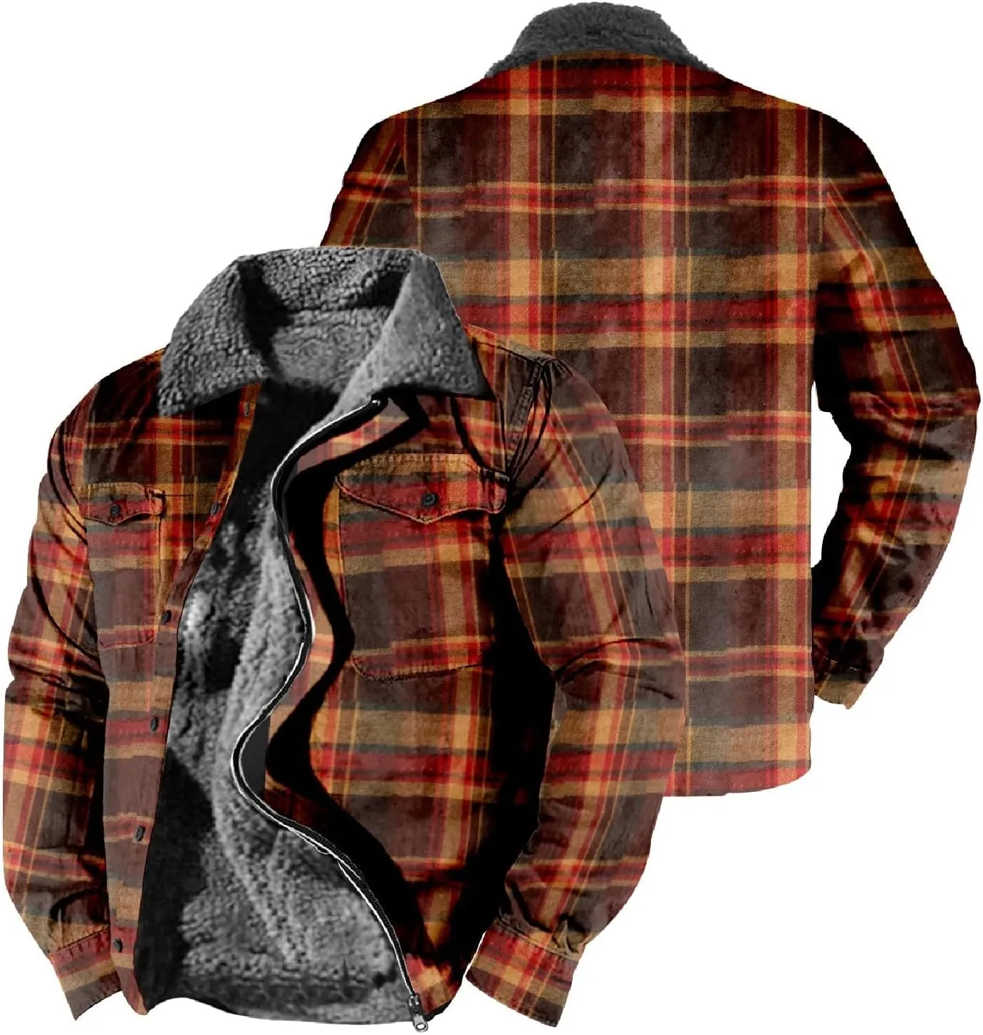 LCMTWX Men's Flannel Jackets Plaid Pocket Hooded Padded Loose Shirt Top Jacket Coats Lined Hooded Plaid Shirt Jacket Fleece