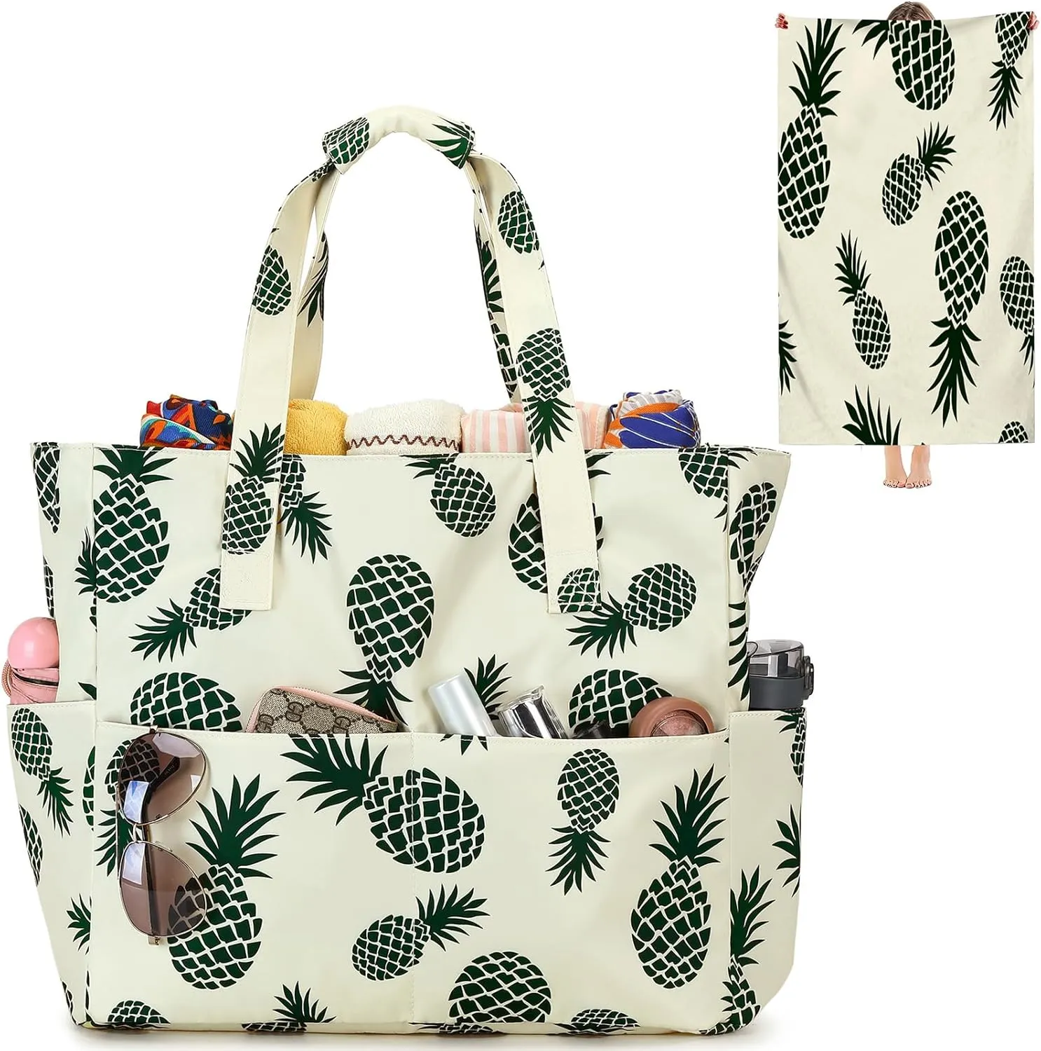 LEDAOU Beach Tote Bag - Women's Waterproof Sandproof Zipper Beach Bags for Pool, Gym, Travel with Wet Pocket