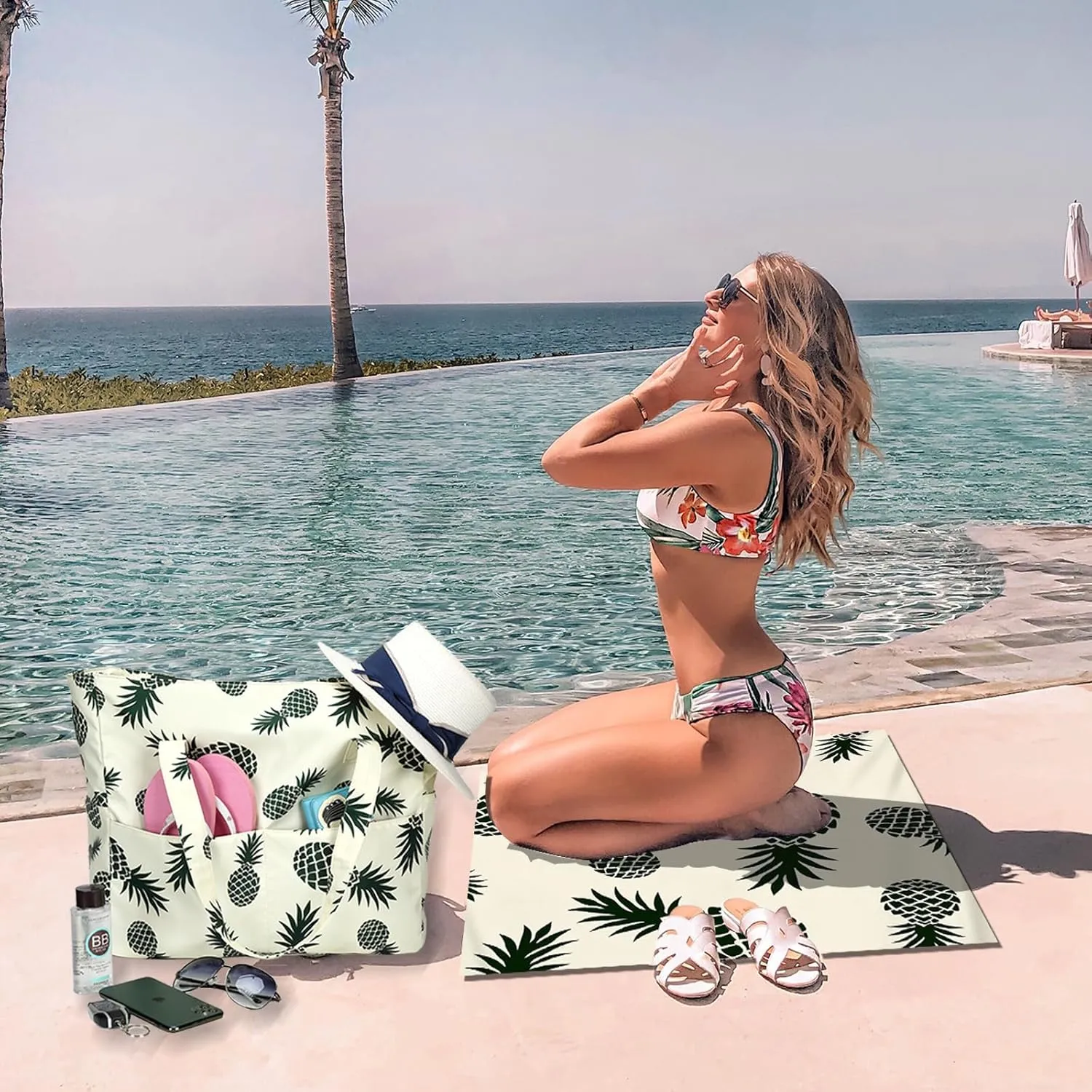 LEDAOU Beach Tote Bag - Women's Waterproof Sandproof Zipper Beach Bags for Pool, Gym, Travel with Wet Pocket