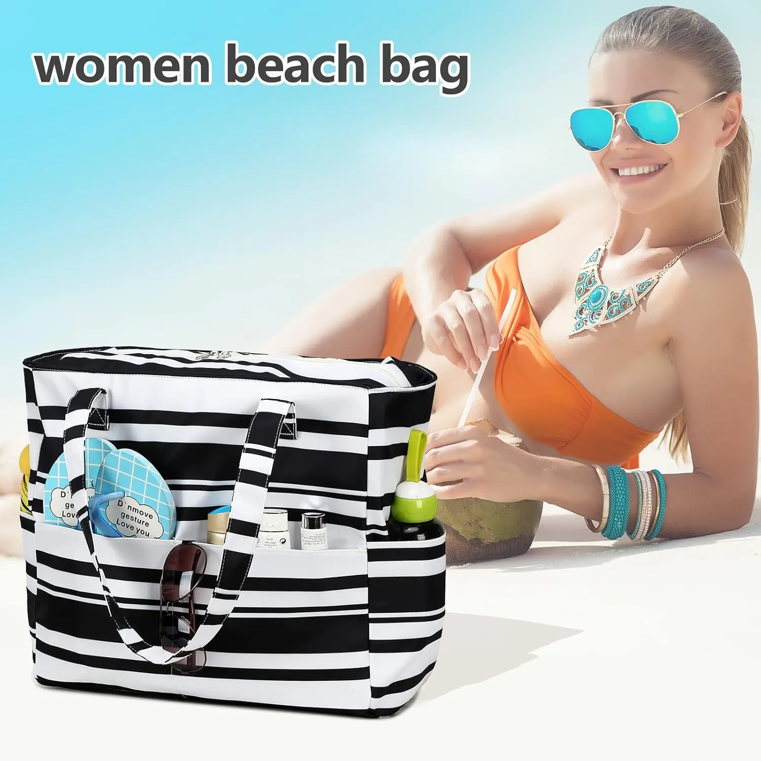 LEDAOU Large Beach Tote Bag Women Waterproof Sandproof Zipper Beach Tote Bag for Pool Gym Grocery Travel with Wet Pocket