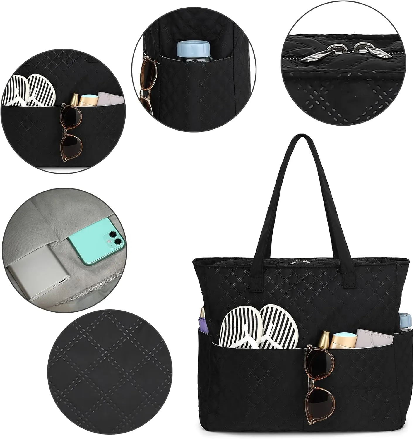 LEDAOU Large Beach Tote Bag Women Waterproof Sandproof Zipper Beach Tote Bag for Pool Gym Grocery Travel with Wet Pocket
